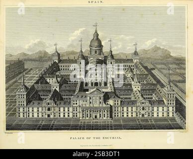 Encyclopedia londinensis, o Universal Dictionary of Arts, Sciences, and Literature London, stampato per il proprietario da J. Adlard, venduto all'Encyclopedia Office da J. White and Champante and Whitrow, 1810-1829. Enciclopedie e dizionari, Mollusk, opere pittoriche, la rappresentazione mostra la grandiosa disposizione architettonica del Palazzo dell'Escorial, un sito storico situato in Spagna. Questa struttura presenta una complessa disposizione di edifici, caratterizzati da un mix di stili rinascimentali e barocchi. Il design include una cupola centrale, circondata da varie ali interconnesse e Foto Stock