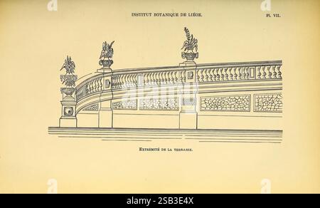 Belgique horticole Liége botanica periodici di orticoltura piante, questa illustrazione presenta un dettaglio architettonico dell'Institut Dynamique de Liège, che mostra un fregio dal design complesso. L'opera d'arte include elementi decorativi come scrollwork ornati e motivi floreali, che evidenziano l'artigianato del periodo. Gli abbellimenti suggeriscono un'influenza classica, tipica dei grandi edifici, con un'enfasi sulla simmetria e l'eleganza. La parte inferiore mostra una serie di figure scolpite o rilievi che migliorano la ricchezza visiva della struttura, riflettendo lo stile architettonico Foto Stock