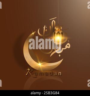 Ramadan 3D oro a mezzaluna e lampada araba a a luce sospesa, biglietto d'auguri per le festività islamiche tradizionali. Traduzione di testo in caratteri arabi, Ramadan Illustrazione Vettoriale