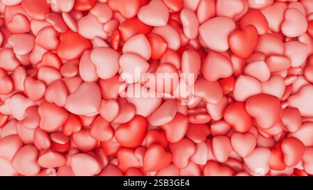 Sfondo rosso chiaro per San Valentino. Un mucchio di cuori. Sfondo romantico. illustrazione di rendering 3d. Foto Stock