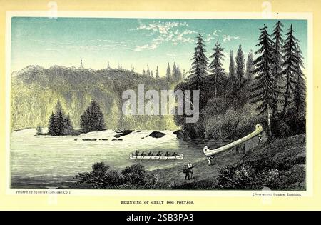 Descrizione della spedizione canadese di esplorazione del Red River del 1857 a Londra, Longman, Green, Longman e Roberts, 1860, 1858, la scena raffigura un fiume sereno che si snoda attraverso una fitta foresta, fiancheggiato da torreggianti alberi sempreverdi. In primo piano, un gruppo di individui può essere visto in canoa, navigando nelle acque calme. Nelle vicinanze, una piccola struttura in legno suggerisce la presenza di un insediamento o di un campeggio lungo la riva del fiume. Il paesaggio circostante presenta vegetazione lussureggiante e accenni di terreno accidentato, creando un'atmosfera di tranquilla natura selvaggia. Il cielo passa dalla luce alle tonalità più scure, Foto Stock