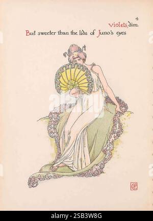 Fiori, da, Shakespeare's, giardino, Londra, Cassell & Co, Ltd, 1909, storia, illustrazioni, XX secolo, libri illustrati, Shakespeare, William, Una figura aggraziata drappeggiata in abiti fluenti si siede elegantemente, tenendo un ventilatore ornato adornato con disegni intricati. Vivaci elementi floreali la circondano, sottolineando la sua delicata presenza. Lo sfondo presenta stravaganti accenni di colore, suggerendo un'atmosfera onirica ed eterea. Sopra di lei, un'iscrizione artistica recita, "ma più dolce dei coperchi degli occhi di Giunone", che suggerisce un collegamento con la mitologia. La composizione complessiva trasuda un senso di bellezza Foto Stock