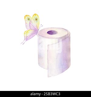 Rotolo di carta igienica acquerello e farfalla isolato su sfondo bianco. Illustrazione disegnata a mano con acquerello. Simbolo, segno di pulizia e igiene. Foto Stock