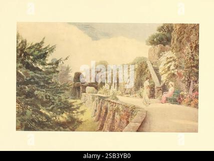 Alcuni giardini inglesi, e Bombay, Longmans, Green & Co, 1904. Inghilterra, giardini, giardinaggio paesaggistico, George Samuel Elgood, Gertrude Jekyll, fiori, orticoltura, donne della scienza, Un tranquillo giardino si svolge, caratterizzato da un percorso tortuoso delimitato da una vegetazione lussureggiante e da un fogliame dai colori vivaci. Una parete in pietra crea un senso di profondità e recinzione, adornata da piante rampicanti che aggiungono texture all'ambiente. Lungo il percorso, due figure, una donna in un abbigliamento fluido e un'altra impegnata in un'attività piacevole, interagiscono tra i dintorni tranquilli. Alberi torreggianti e siepi meticolosamente sagomate fra Foto Stock