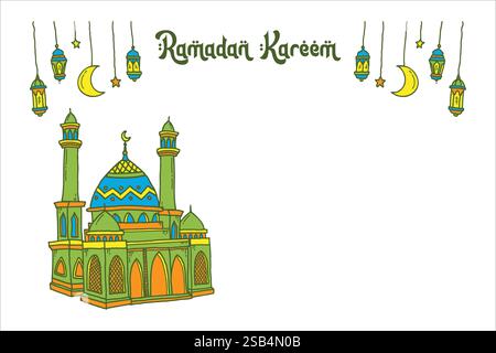 Un'illustrazione stilizzata raffigura una moschea con lanterne appese stelle e una luna crescente per Ramadan Kareem. Illustrazione Vettoriale