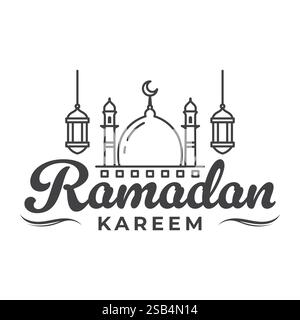 Un disegno grafico stilizzato raffigura Ramadan Kareem con una moschea e lanterne sospese. Illustrazione Vettoriale