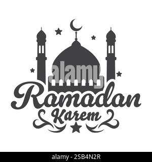 Una grafica stilizzata raffigura il Ramadan Karem con una sagoma della moschea, una luna crescente e stelle, che trasmettono lo spirito del mese sacro islamico. Illustrazione Vettoriale