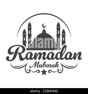 Un design grafico stilizzato con una silhouette di moschea e le parole Ramadan Mubarak, che simboleggiano il mese sacro islamico. Illustrazione Vettoriale