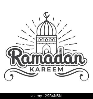 Un disegno grafico con le parole Ramadan Kareem e una cupola stilizzata della moschea, che simboleggia il mese sacro islamico. Illustrazione Vettoriale