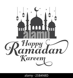 Un semplice disegno grafico raffigura una moschea con lanterne appese e stelle che celebrano il felice Ramadan Kareem. Illustrazione Vettoriale