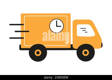 Un veicolo per consegne arancione luminoso si muove rapidamente, con un simbolo a forma di orologio che indica un intervento di manutenzione tempestivo. Il veicolo rappresenta una logistica efficiente. Illustrazione Vettoriale