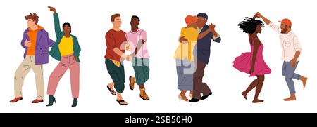 Insieme di coppie danzanti, persone diverse che ballano Illustrazione Vettoriale