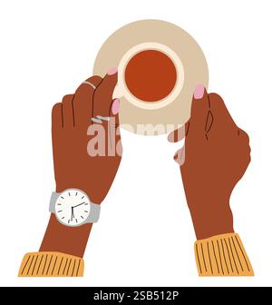 Eleganti mani femminili che prendono una tazza di caffè caldo Illustrazione Vettoriale