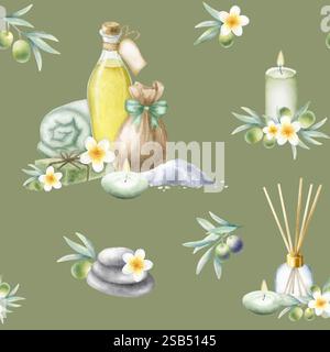 Olio d'oliva, sapone aleppo, sale marino, asciugamano arrotolato, candele, fiori di frangipani e rami di ulivo. Disegno ad acquerello stampato a mano con motivo senza cuciture isolato su colore oliva scuro per pacchetto, design spa Salon. Foto Stock