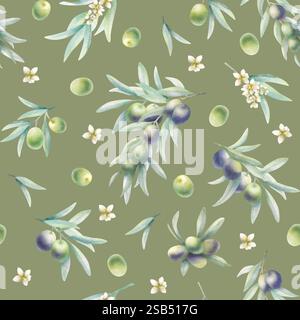 Rami di ulivo con foglie e fiori in uno stile realistico, motivo senza cuciture. Illustrazione ad acquerello verde botanico disegnato a mano con frutta verde e nera su sfondo di oliva per carta da imballaggio. Foto Stock