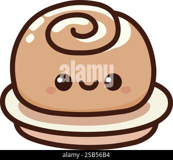 Carino rotolo di cannella kawaii con una faccia felice su un piatto Illustrazione Vettoriale
