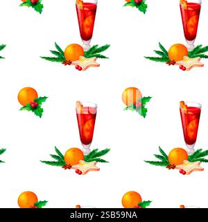 Una disposizione festiva di VIN brulé, arance, biscotti e rametti di holly. Motivo senza cuciture acquerello ideale per carta da regalo natalizia, decorativo Foto Stock