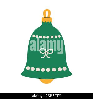 L'immagine presenta un vivace ornamento verde a campana adornato da un fiocco e puntini bianchi, perfetto per l'arredamento delle vacanze. Si attacca delicatamente per dare risalto alle festività Illustrazione Vettoriale