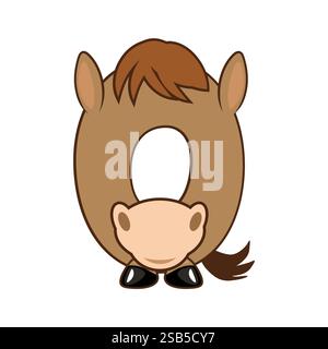 Personaggio divertente Cavallo numero 0, figura Zero. Cartone animato di numero con un concetto animale. Calligrafia, lettere, tipografia per le schede didattiche o. Illustrazione Vettoriale