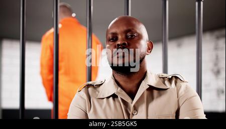 Un uomo in uniforme controlla i detenuti nella prigione della struttura di detenzione. Foto Stock