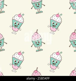 Fantasia con gelato ai cartoni animati con frutti di bosco, in stile kawaii, su sfondo beige chiaro. Illustrazione vettoriale Illustrazione Vettoriale