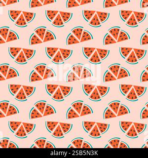 Fette di anguria con motivo senza cuciture semi. Concetto di sfondo o sfondo Summertime astratto. Sfondo per illustrazioni vettoriali isolate, carta da imballaggio o tessera tematica, pubblicazione o banner promozionale Web, etichetta Illustrazione Vettoriale