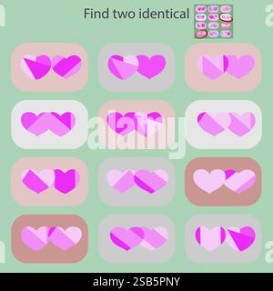 In un puzzle game per bambini di età inferiore ai 6 anni, trova 2 immagini identiche con i cuori. Illustrazione Vettoriale