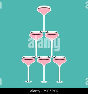 Sei bicchieri di champagne rosa disposti a piramide sullo sfondo color verde acqua. Gli occhiali formano un triangolo con il più piccolo in alto e tre in basso Illustrazione Vettoriale