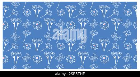 Motivo senza cuciture con fiori primaverili a doodle. Design a molla vettoriale su sfondo blu. Illustrazione Vettoriale