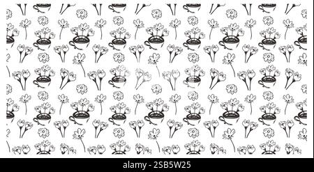 Motivo senza cuciture con fiori di doodle e tazza di caffè. Design a molla vettoriale su sfondo bianco. Illustrazione Vettoriale