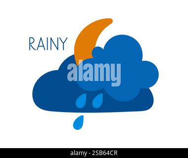 Un'icona meteo illustra le condizioni di pioggia con nuvole e gocce di pioggia, mostrando uno stile minimalista adatto alle previsioni. Illustrazione Vettoriale