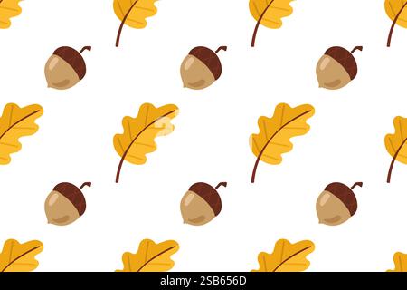 Un motivo senza cuciture caratterizzato da ghiande marroni e foglie di quercia gialle su sfondo bianco. Il design è semplice e perfetto per i progetti a tema autunnale. Illustrazione Vettoriale