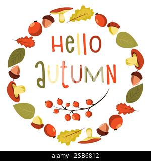 Vettore autunnale astratto. Cornice di tonalità calde e luminose, ciao autunno. Banner per poster isolato su sfondo bianco. Settembre. foglie d'autunno Illustrazione Vettoriale