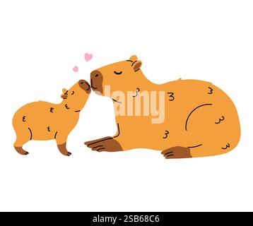 Una madre capybara dà al suo bambino un dolce bacio sulla testa. L'immagine è disegnata in uno stile cartoni animati con cuori che fluttuano sopra di loro. Illustrazione Vettoriale