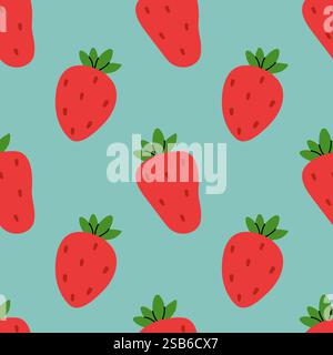 Questo design vivace presenta un motivo ripetuto di fragole rosse con foglie verdi, su sfondo azzurro, perfetto per i professionisti creativi Illustrazione Vettoriale