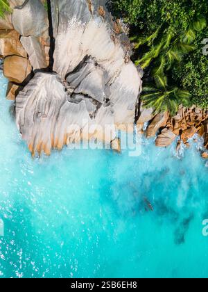 Vista aerea della costa di la Digue, che mostra grandi formazioni rocciose di granito, acque turchesi cristalline e palme tropicali lungo il bordo dell'isl Foto Stock