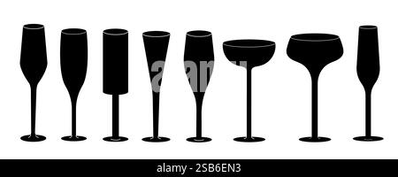 Una fila di nove silhouette nere di vari bicchieri da vino, tra cui flute da champagne, bicchieri da vino e bicchieri da cocktail, ambientate su uno sfondo bianco Illustrazione Vettoriale