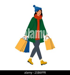 Una giovane donna vestita con un cappotto verde, una sciarpa rossa e un cappello blu cammina con sicurezza tenendo in mano le borse della spesa. Suggerisce una giornata allegra di shopping Illustrazione Vettoriale