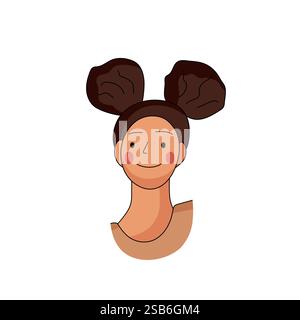 Questa illustrazione presenta un carattere gioioso con capelli marrone scuro rifiniti in due grandi panini, guance luminose e un'espressione amichevole che trasmette un sen Illustrazione Vettoriale