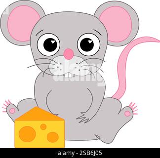 Topo con pezzo di formaggio isolato su sfondo bianco. Illustrazione con linee grafiche piatte di animali ratti con cibo a base di formaggio. Illustrazione vettoriale Illustrazione Vettoriale