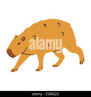 Un cartone animato che raffigura un capybara che cammina su uno sfondo bianco. Il capybara è disegnato in uno stile semplice con pelliccia marrone e un contorno nero. Illustrazione Vettoriale