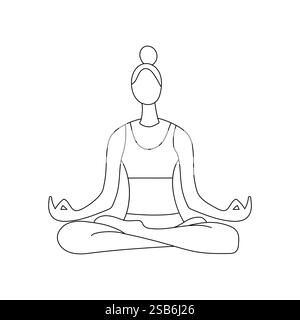 Una donna siede in una posizione a gambe incrociate, meditando pacificamente con le mani in un gesto di serenità. Incarna la calma e la concentrazione in un ambiente tranquillo Illustrazione Vettoriale