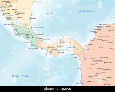 Mappa politica che evidenzia il Nicaragua, la Costa Rica, Panama e la Colombia settentrionale, mostrando i confini del paese, grandi città e corpi idrici. Foto Stock