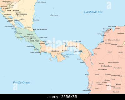 Mappa politica che evidenzia il Nicaragua, la Costa Rica, Panama e la Colombia settentrionale, mostrando i confini del paese, grandi città e corpi idrici. Foto Stock