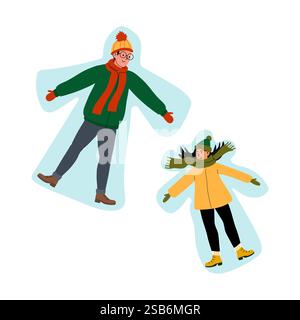 Due bambini sono sdraiati su un terreno innevato, facendo angeli di neve mentre indossano abiti invernali colorati. Si divertono con le giocose attività invernali a bordo di un bri Illustrazione Vettoriale