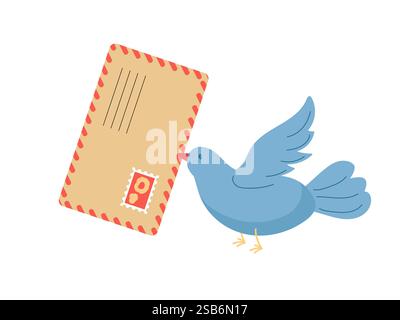 Un uccello blu con le ali allungate tiene una lettera nel becco. La lettera ha un timbro rosso ed è disegnata con uno sfondo color crema. L'impostazione è sim Illustrazione Vettoriale