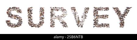 Concetto o concettuale ampia comunità di persone che formano la parola SONDAGGIO. metafora dell'illustrazione 3d per feedback, valutazione Foto Stock