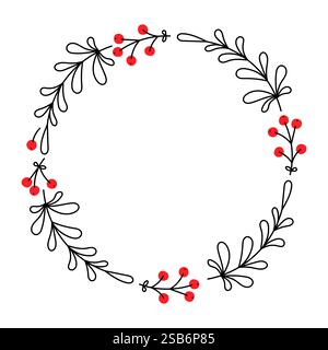 Questo design circolare presenta delicati contorni neri di foglie e bacche rosse, ideali per inviti o decorazioni stagionali. Illustrazione Vettoriale