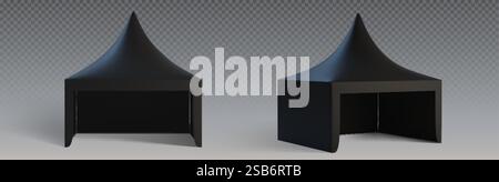 Collezione di mockup con cabina nera con tetto a punta - padiglione promozionale vuoto dalla vista frontale e prospettica. Elegante modello per chioschi per esterni Illustrazione Vettoriale