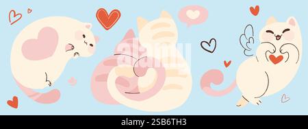 Gatti e cuori carini su sfondo azzurro. Illustrazione vettoriale di animali domestici in stile kawaii che sorridono, abbracciano, mostrano il segno d'amore, motivo senza cuciture Illustrazione Vettoriale